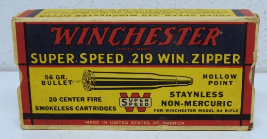 Full Vintage Box Winchester Super Speed .219 Win. Zipper 56 gr. Hollow Point Cartridges