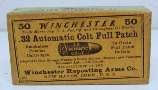 Full Vintage Sealed Two Piece Box Winchester .32 Automatic Colt Full Patch Cartridges