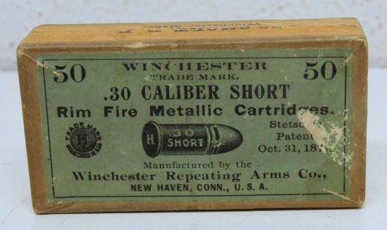 Partial Vintage Two Piece Box of 28 Winchester .30 Short Rim Fire Cartridges