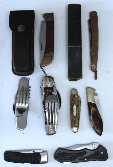 Mixed Lot 7 Folding Knives and Straight Razor - Damage to one Knife
