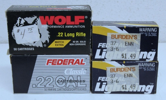 4 Full Boxes .22 LR Cartridges - 3 Federal, 1 Wolf