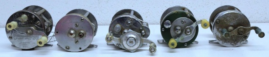 5 Vintage Fishing Reels - Pflueger #1895, Shakespeare Triumph 1958 Model GE missing handle, Great
