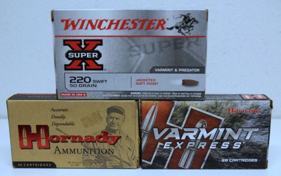 3 Full Boxes .220 Swift Cartridges - Winchester 50 gr. JSP, Hornady 55 gr. V-MAX, Hornady Varmint