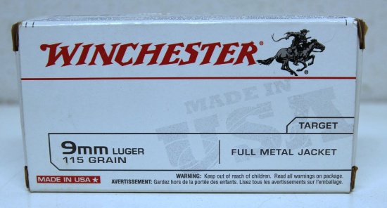 Full Box Winchester 9 mm Luger 115 gr. FMJ Cartridges