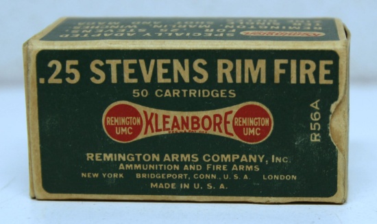 Full Vintage Remington Dog Bone Box .25 Stevens Rim Fire Cartridges