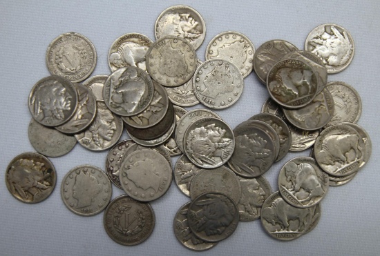 34 Mixed Date Buffalo Nickels, 17 Mixed Date Liberty Head Nickels, Some Worn Dates