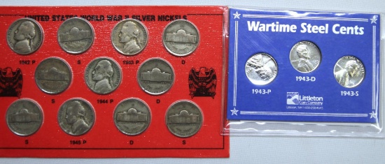 Set of WWII Silver Alloy Jefferson Nickels and Set of Wartime Steel Cents