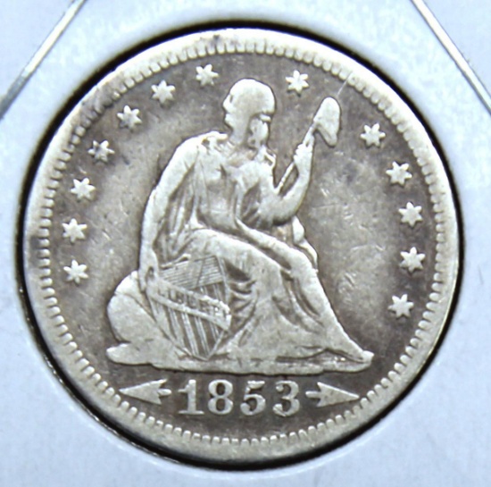 1853 Arrows and Rays Seated Liberty Quarter