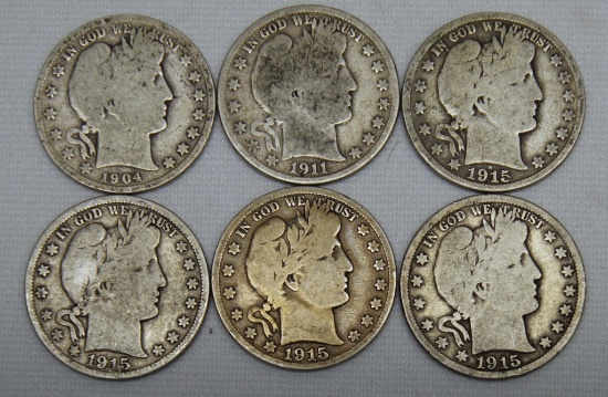 6 Barber Half Dollars - 1904, 1911 S, 2 1915 D, 2 1915 S