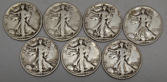7 Walking Liberty Half Dollars - 1920 S, 1935, 1937, 1938, 1939, 1939 D, 1939 S