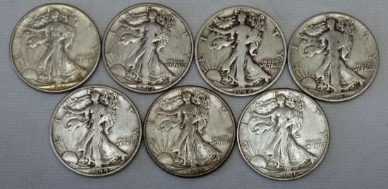 7 Walking Liberty Half Dollars - 1941, 1942 D, 1942 S, 1943, 1944 S, 1945, 1946