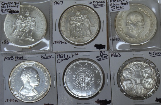 6 Better Silver Foreign Dollars - 1975 Silver 50 Francs, 1967 Silver 10 Francs, 1952 Silver Mexico
