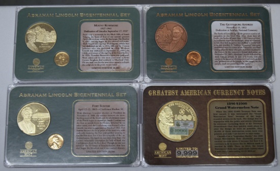 3 Different American Mint Abraham Lincoln Bicentennial Sets and American Mint Greatest American