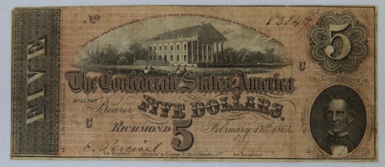1864 Five Dollar Confederate States of America Note