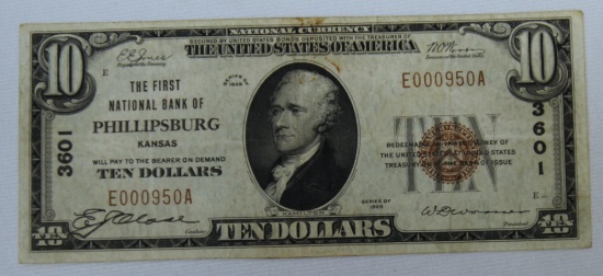 1929 Ten Dollar National Currency Note "The First National Bank of Phillipsburg, Kansas"