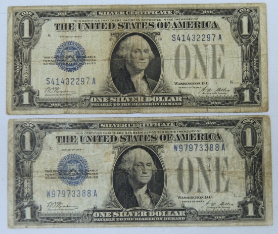 2 1928 Funny Bank One Dollar Silver Certificates