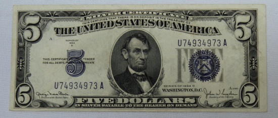 1934 D Five Dollar Blue Seal Silver Certificate