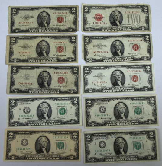 10 Two Dollar Notes - 1928 G, 3 1953, 1953 A, 1963, 2 1976, 1978, 2009