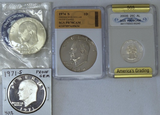 1971 S 40% Silver Uncirculated Eisenhower Dollar, 1971 S 40% Silver Eisenhower Proof Dollar, 1974 S