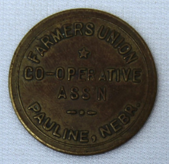 Nebraska Token "Good for 50 Cents in Trade Farmers Union Co-operative Ass'n Pauline, Nebr."