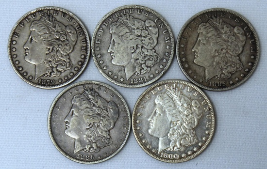 5 Circulated Morgan Dollars - 1879, 1881 O, 1885, 1886, 1900 O