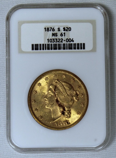 1876 S Liberty Head Twenty Dollar Gold Coin Slab NGC MS61