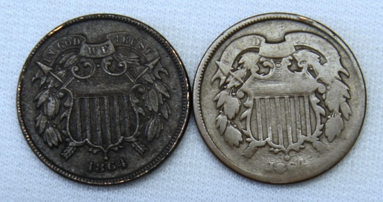 2 1864 Two Cent Pieces, 1 with Complete Rotated Die