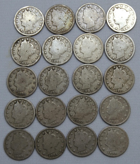 20 Mixed Date Liberty Head Nickels 1897-1911