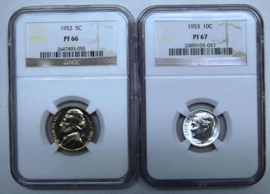 1953 Proof Jefferson Nickel Slab NGC PF66 and 1953 Proof Roosevelt Dime Slab NGC PF67