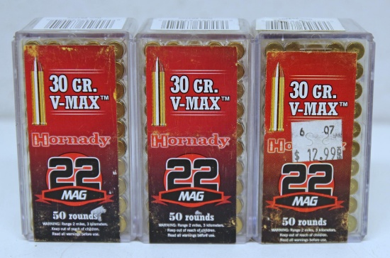 3 Full Boxes Hornady Ammunition .22 Mag. 30 gr. V-Max Cartridges