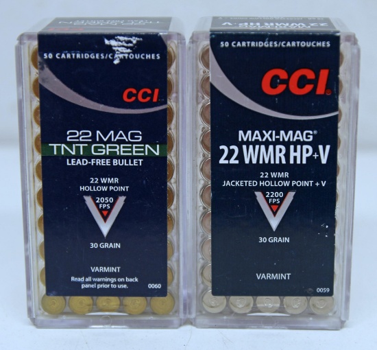 Full Box C-C-I Ammunition .22 Mag. TNT Green Hollow Point Cartridges and Full Box C-C-I .22 WMR HP