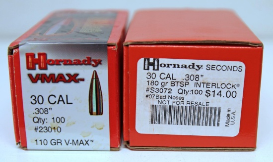 Full Box 100 Hornady Ammunition .30 Cal. .308" 180 gr. BTSP Bullets and Full Box 100 Hornady V-Max