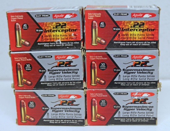 6 Full Boxes Aguila Ammunition .22 LR - 2 Boxes Interceptor and 4 Boxes Super Maximum Hyper Velocity