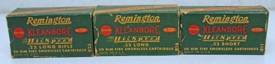 3 Different Full Boxes Remington Ammunition Hi-Speed .22 Short, .22 Long and .22 LR Cartridges