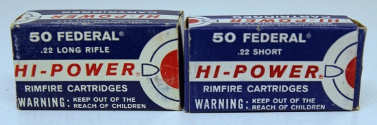2 Different Full Vintage Boxes Federal Hi-Power Ammunition - .22 LR and .22 Short Cartridges