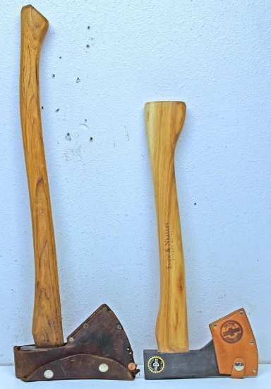 Vintage Axe and Newer Axe both Made by Snow & Nealley, Bangor, Maine with Leather Blade Protectors -