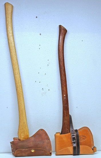 2 Plumb Axes with Leather Blade Sheaths - 1 Marked with a 3 with 30" Handle, Other Marked with a 3