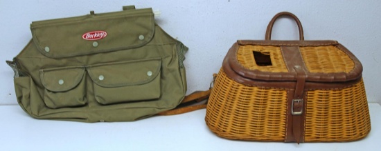 Vintage Trout Fishing Creel and Berkley Trout Fishing Fish and Tackle Bag and a Collapsible Bucket