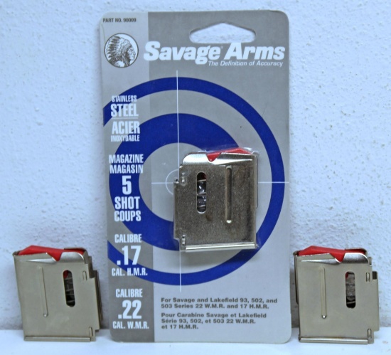 3 Savage Arms 5 Shot Magazines for Savage and Lakefield 93, 502, and 503 Series .22 WMR and .17 HMR