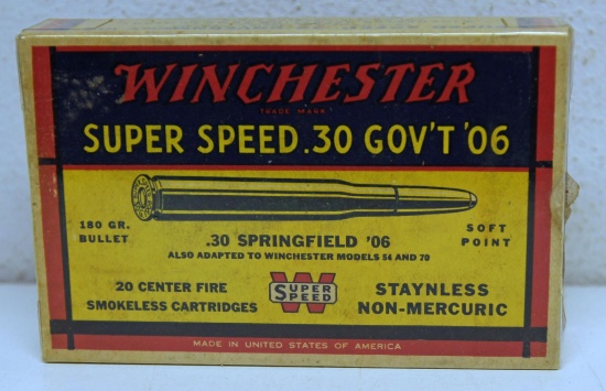Full Vintage Box Winchester Ammunition Super Speed .30 Gov't '06 180 gr. Cartridges
