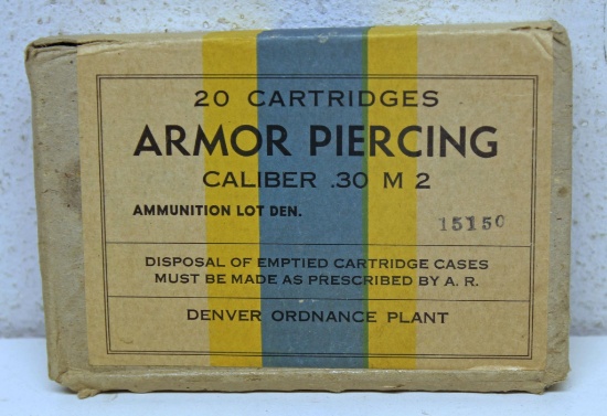 Full Sealed Vintage Box Ammunition Denver Ordinance Plant Armor Piercing Cal. .30 M2 Cartridges,