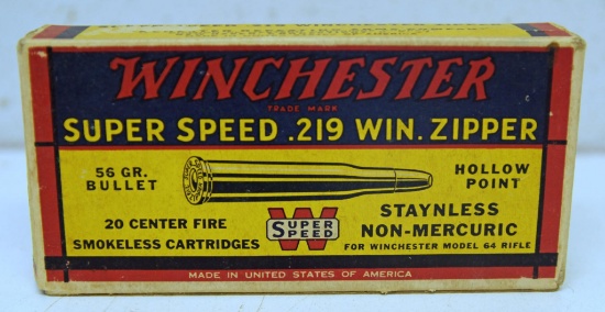 Full Vintage Box Winchester Super Speed Ammunition .219 Win. Zipper 56 gr. Hollow Point Cartridges