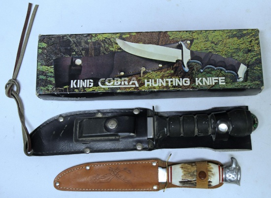 3 Different Fixed Blade Knives with Leather Sheaths - King Cobra w/Box, Survival Type Knife, Japan