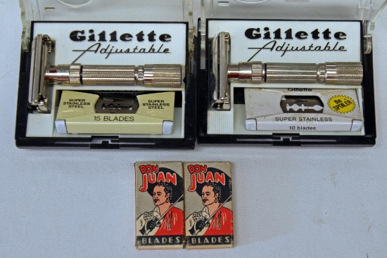 2 Vintage Gillette Adjustable Razors, Old New Stock in Case and 2 Vintage Boxes Don Juan Razor