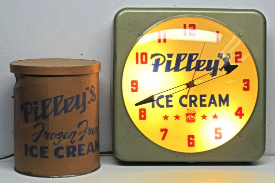 Pilley's Ice Cream Light Up Advertising Clock and 3 Gallon Pilley's Ice Cream Tub, Works Great,