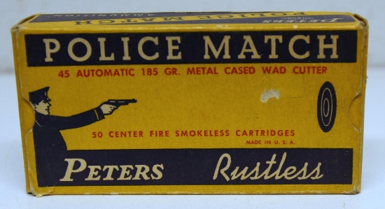 Full Vintage Box Peters Ammunition Police Match .45 Automatic 185 gr. M.C. Wadcutter Cartridges
