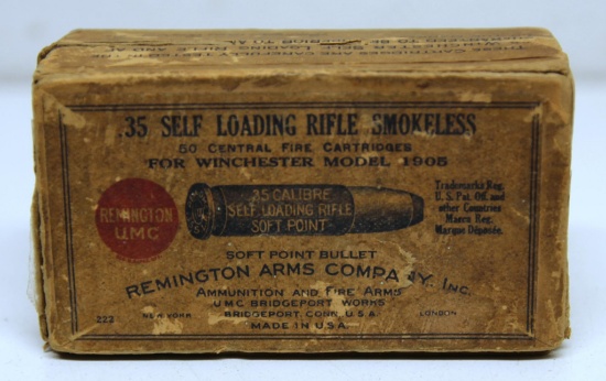 Partial Vintage Two Piece Box 45 Rounds Remington UMC Ammunition .35 Self Loading Rifle Cartridges