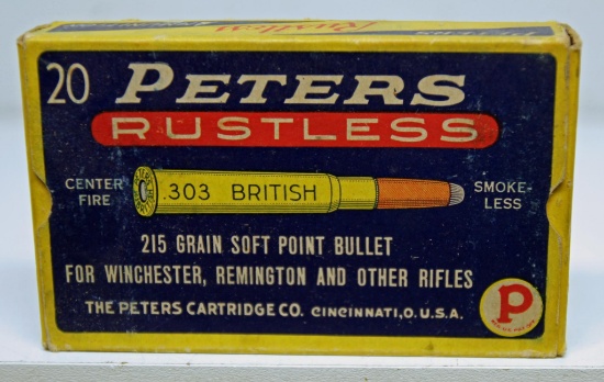 Full Vintage Box Peters Ammunition .303 British 215 gr. SP Cartridges