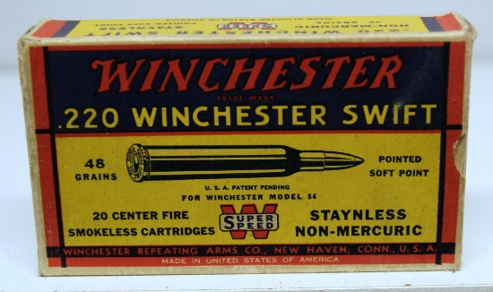 Full Vintage Box Winchester Ammunition .220 Winchester Swift 48 gr. SP Cartridges