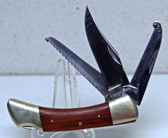 Cabelas 3 Blade Folding Knife with Leather Sheath